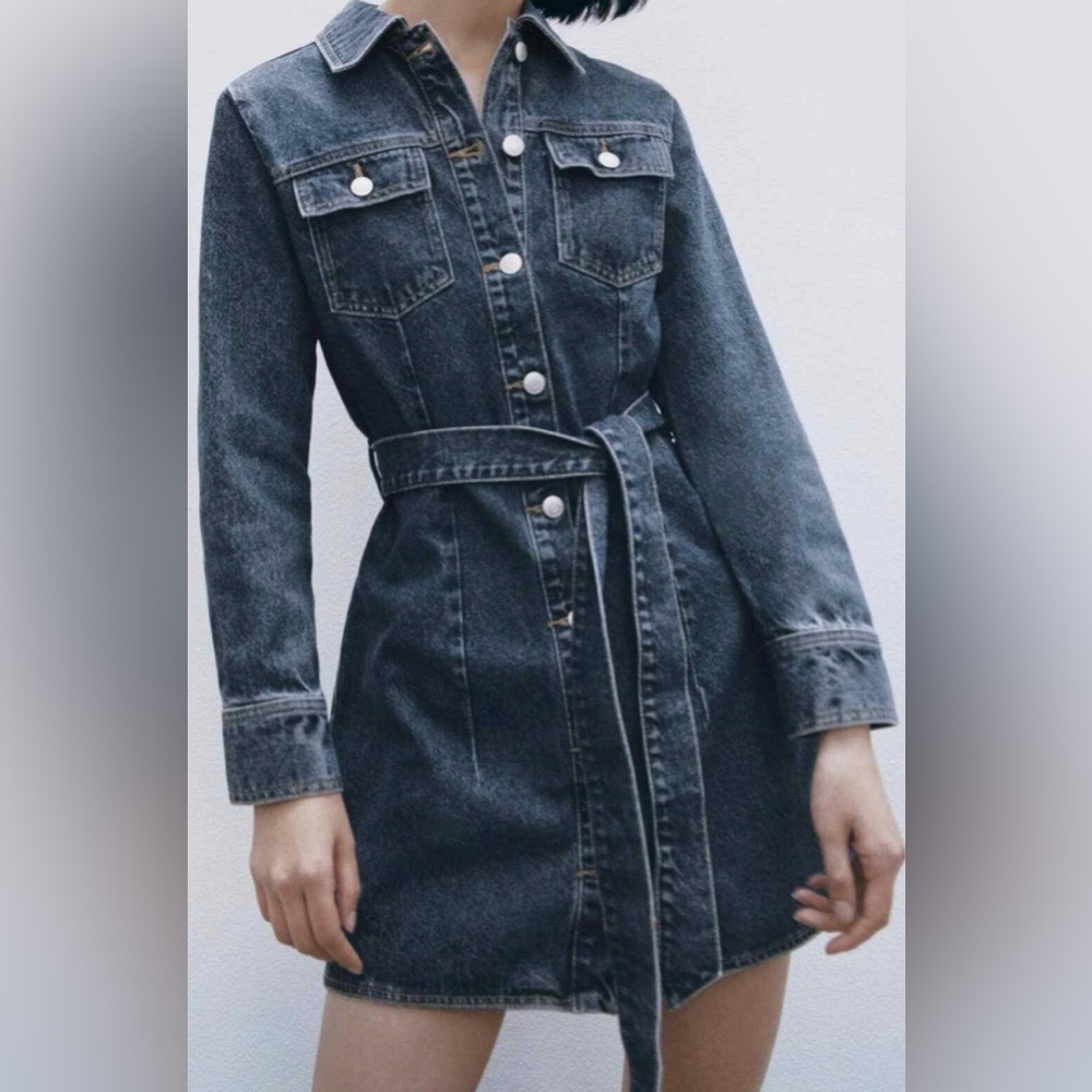 Zara Dark Denim Long Sleeve Mini Dress - Picture 2 of 7